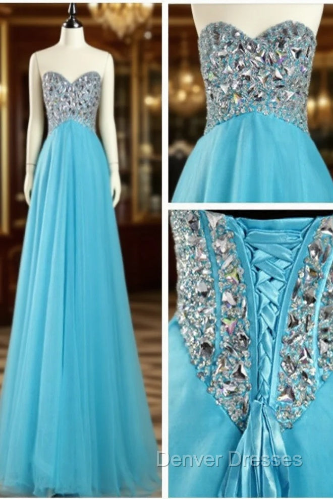A Line Sweetheart Neck Blue Floor Length Long Prom Dress, Formal Dress