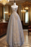 A Line Sweetheart Neck Gray Blue Long Prom Dress, Gray Court Train Blue Formal Gowns