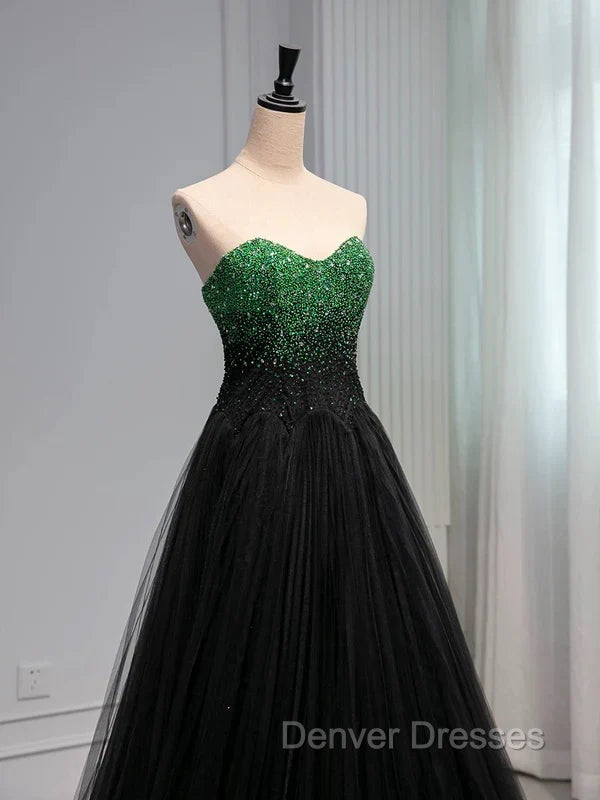 A Line Sweetheart Neck Green Beads Black Tulle Long Prom Dress Evening Dress Secondary image