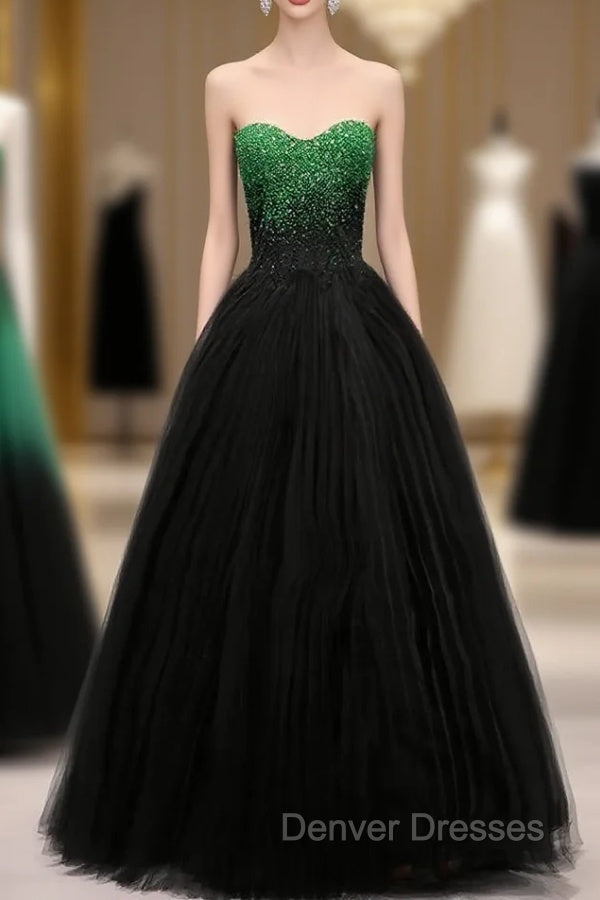 A Line Sweetheart Neck Green Beads Black Tulle Long Prom Dress Evening Dress Main image