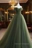 A-Line Sweetheart Neck Green Long Prom Dress, Sweep Train Green Formal Dress
