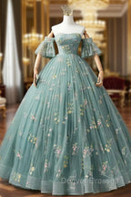 A-Line Sweetheart Neck Green Long Prom Dress, Green Lace Formal Dress