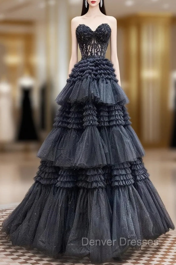 A-Line Sweetheart Neck Lace Black Long Prom Dress, Black Formal Dress
