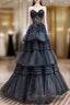 A-Line Sweetheart Neck Lace Black Long Prom Dress, Black Formal Dress
