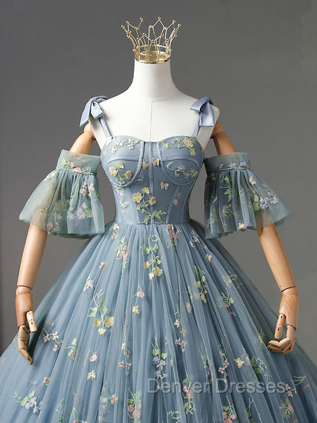 A-Line Sweetheart Neck Lace Gray Blue Long Prom Dress, Gray Blue Sweet 16 Dress Secondary image