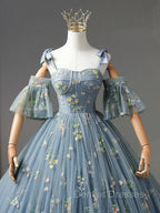 A-Line Sweetheart Neck Lace Gray Blue Long Prom Dress, Gray Blue Sweet 16 Dress