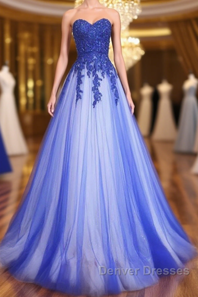 A Line Sweetheart Neck Lace Tulle Blue Long Prom Dress, Blue Formal Dress, Blue Lace Evening Dress Main image