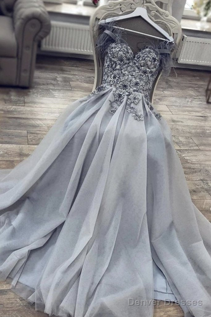 A Line Sweetheart Neck Long Gray Lace Prom Dress, Gray Lace Formal Dress, Grey Evening Dress Main image