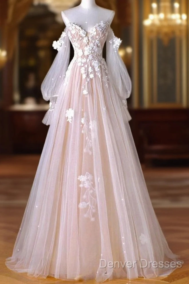 A-Line Sweetheart Neck Long Sleeve Lace Tulle Light Champagne Long Prom Dress Main image