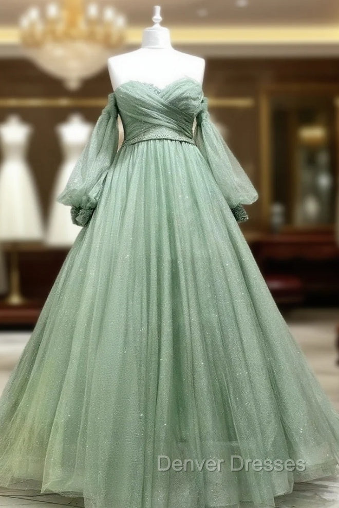 A Line Sweetheart Neck Long Sleeves Green Tulle Long Prom Dress, Long Green Formal Evening Dress