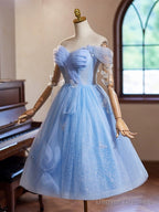 A-Line Sweetheart Neck Off Shoulder Blue Short Prom Dress With Beads