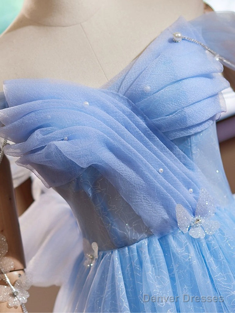 A-Line Sweetheart Neck Off Shoulder Blue Short Prom Dress With Beads