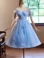A-Line Sweetheart Neck Off Shoulder Blue Short Prom Dress With Beads
