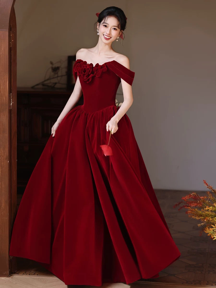 A-Line Sweetheart Neck Off Shoulder Floor Length Burgundy Prom Dress Secondary image