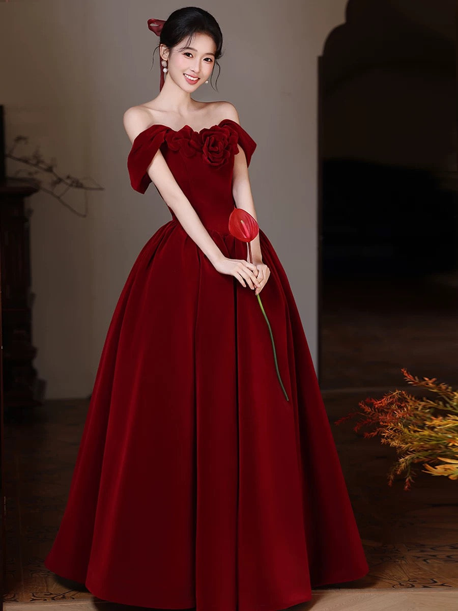A-Line Sweetheart Neck Off Shoulder Floor Length Burgundy Prom Dress Main image