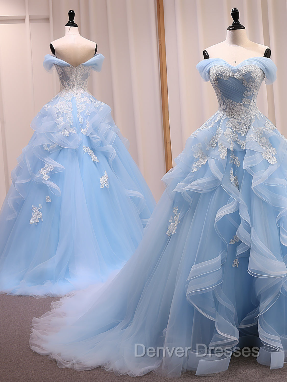 A-Line Sweetheart Neck Off Shoulder Tulle Lace Blue Long Prom Dress, Blue Sweet 16 Dress Secondary image