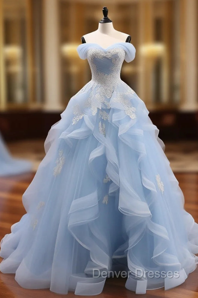 A-Line Sweetheart Neck Off Shoulder Tulle Lace Blue Long Prom Dress, Blue Sweet 16 Dress Main image