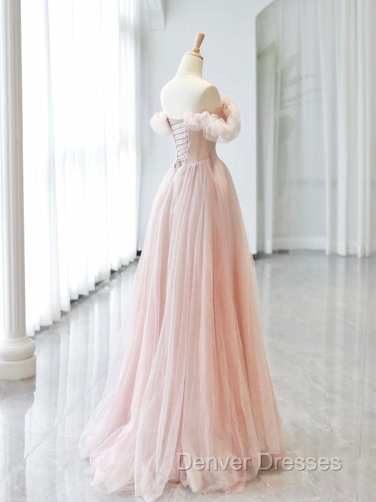 A-Line Sweetheart Neck Off Shoulder Tulle Pink Long Prom Dress, Pink Long Formal Dress Secondary image