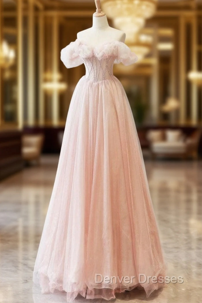 A-Line Sweetheart Neck Off Shoulder Tulle Pink Long Prom Dress, Pink Long Formal Dress Main image