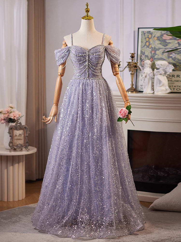 A-Line Sweetheart Neck Off Shoulder Tulle Sequin Gray Blue Long Prom Dress Main image