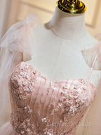 A Line Sweetheart Neck Pink Short Prom Dress, Formal Puffy Pink Homecoming Dress with Lace Applique Beading