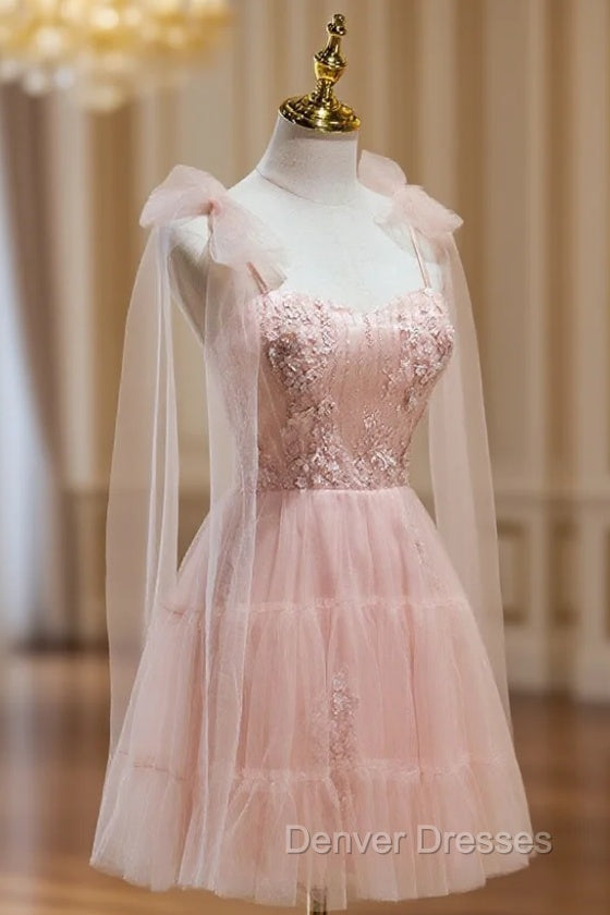 A Line Sweetheart Neck Pink Short Prom Dress, Formal Puffy Pink Homecoming Dress with Lace Applique Beading Main image