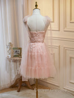 A Line Sweetheart Neck Pink Short Prom Dress, Formal Puffy Pink Homecoming Dress with Lace Applique Beading