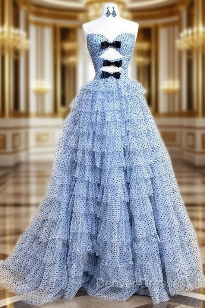 A-Line Sweetheart Neck Polka Dots Tulle Blue Long Prom Dress, Blue Long Formal Dress Main image