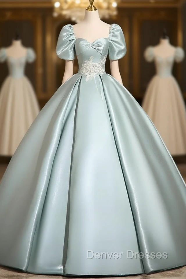 A-Line Sweetheart Neck Puff Sleeves Satin Blue Long Prom Dress, Blue Long Formal Dress Main image