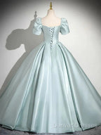 A-Line Sweetheart Neck Puff Sleeves Satin Quinceanera Dress Blue Long Prom Dress Elegant Evening Dress