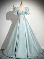 A-Line Sweetheart Neck Puff Sleeves Satin Quinceanera Dress Blue Long Prom Dress Elegant Evening Dress