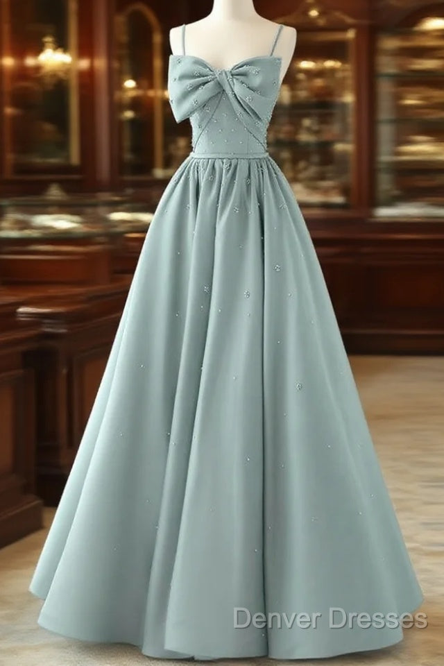 A-Line Sweetheart Neck Satin Beads Blue Long Prom Dress, Blue Formal Dress