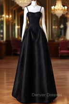 A-Line Sweetheart Neck Satin Black Long Prom Dress, Black Long Formal Dress