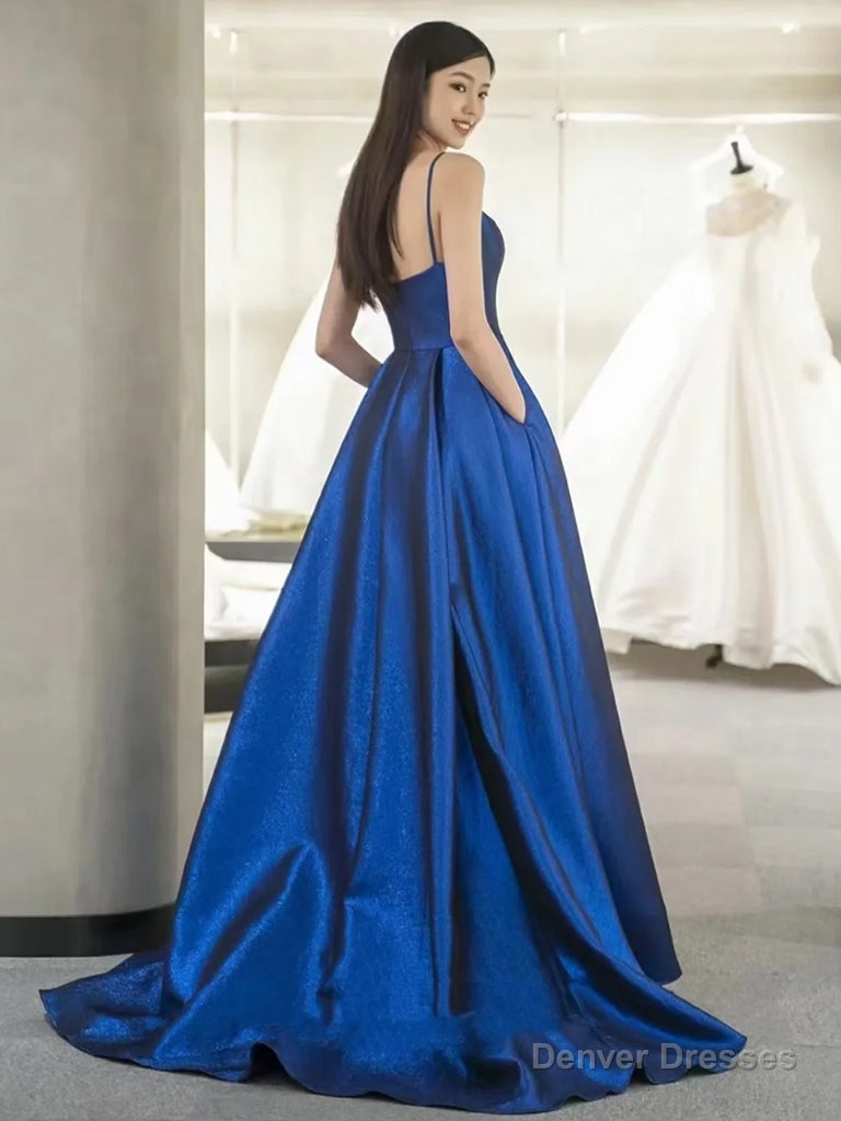 A-Line Sweetheart Neck Satin Blue Long Prom Dress, Blue Long Formal Dress Secondary image