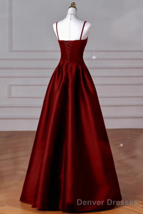 A-Line Sweetheart Neck Satin Burgundy Long Prom Dress, Burgundy Long Formal Dress
