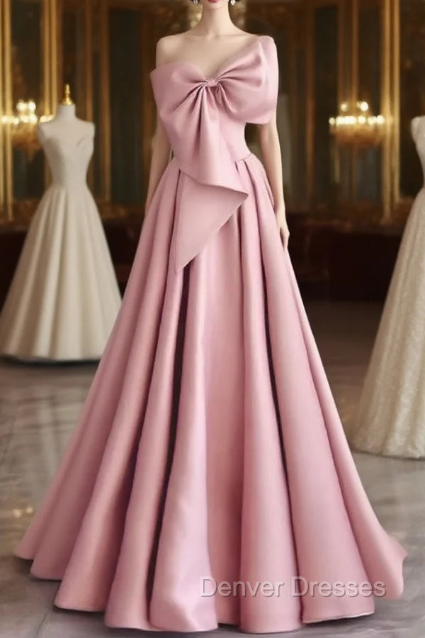 A-Line Sweetheart Neck Satin Pink Long Prom Dress, Pink Long Evening Dress