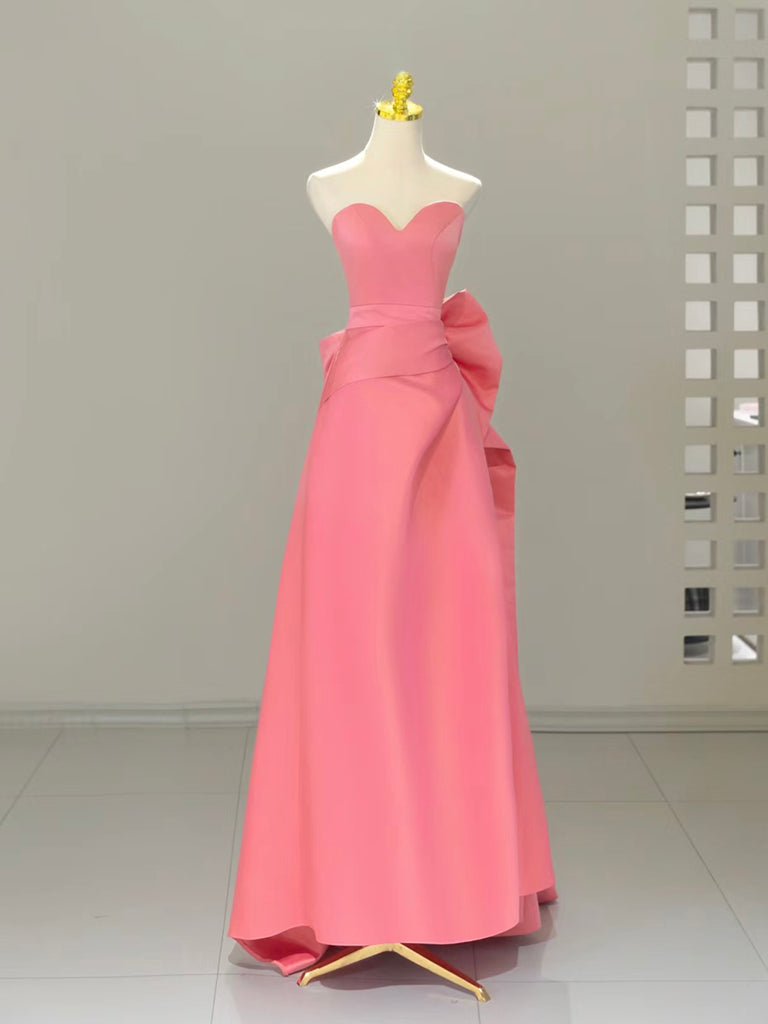 A-Line Sweetheart Neck Satin Pink Long Prom Dress, Pink Long Formal Dress Main image