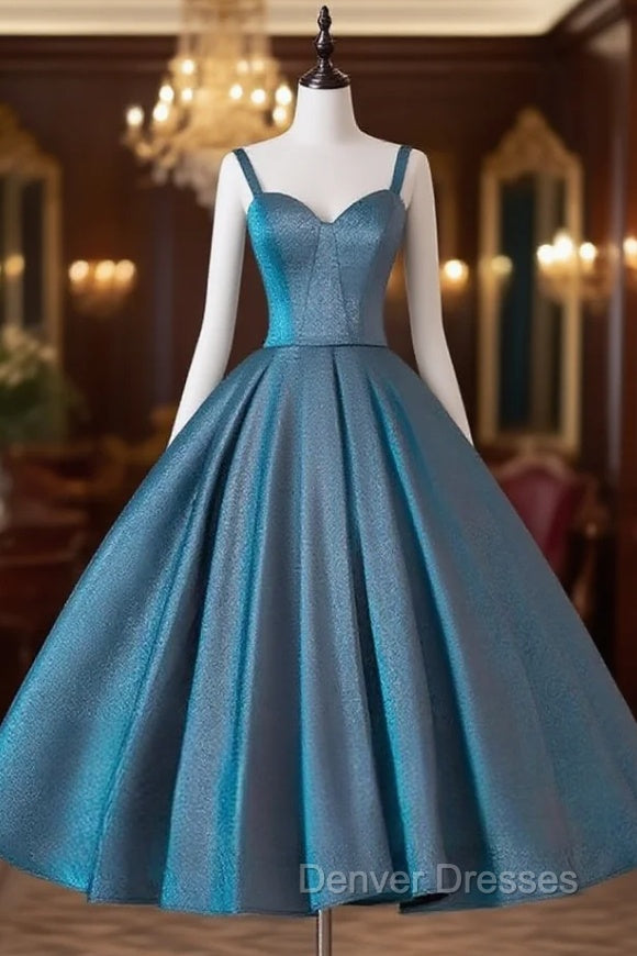 A-Line Sweetheart Neck Satin Tea Length Blue Prom Dress, Blue Formal Dress Main image