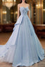 A-Line Sweetheart Neck Satin Tulle Blue Long Prom Dress, Blue Evening Dress