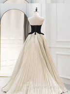 A-Line Sweetheart Neck Satin Velvet Champagne Long Prom Dress, Champagne Long Evening Dress