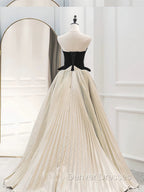A-Line Sweetheart Neck Satin Velvet Champagne Long Prom Dress, Champagne Long Evening Dress