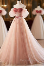 A-Line Sweetheart Neck Sequin Tulle Pink Long Prom Dress, Pink Formal Dress