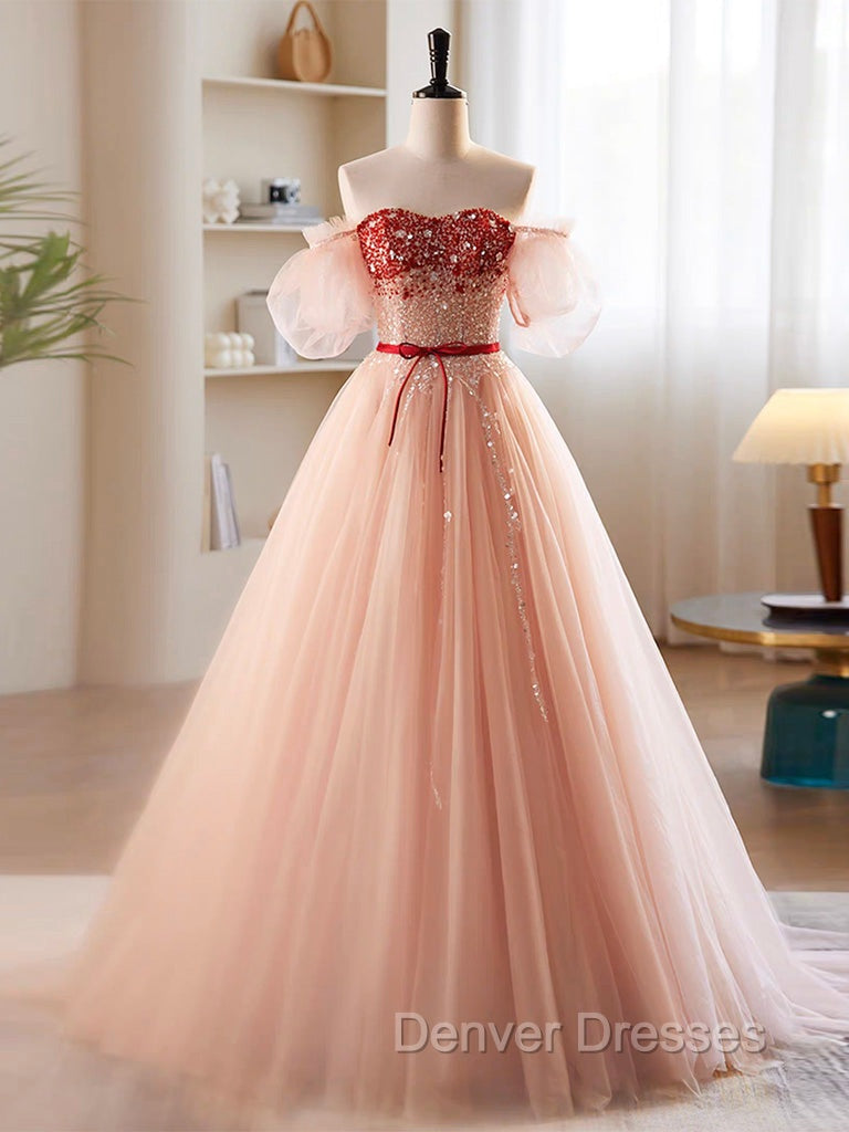 A-Line Sweetheart Neck Sequin Tulle Pink Long Prom Dress, Pink Formal Dress Main image