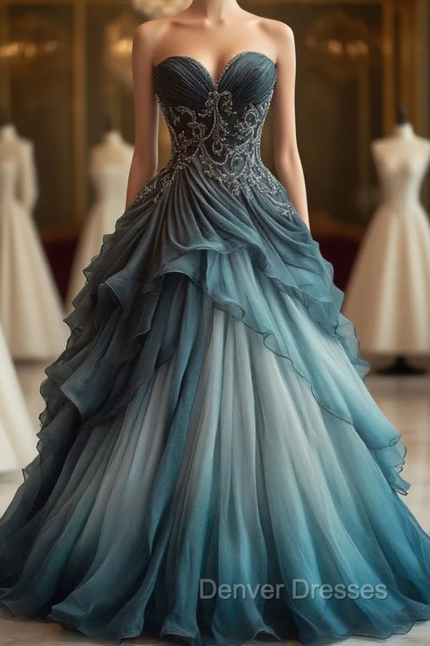 A-Line Sweetheart Neck Tulle Beaded Long Ball Gown Elegant Evening Dress Main image