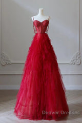 A-Line Sweetheart Neck Tulle Beads Burgundy Long Prom Dress