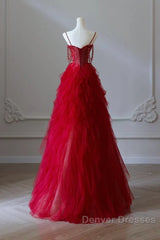 A-Line Sweetheart Neck Tulle Beads Burgundy Long Prom Dress