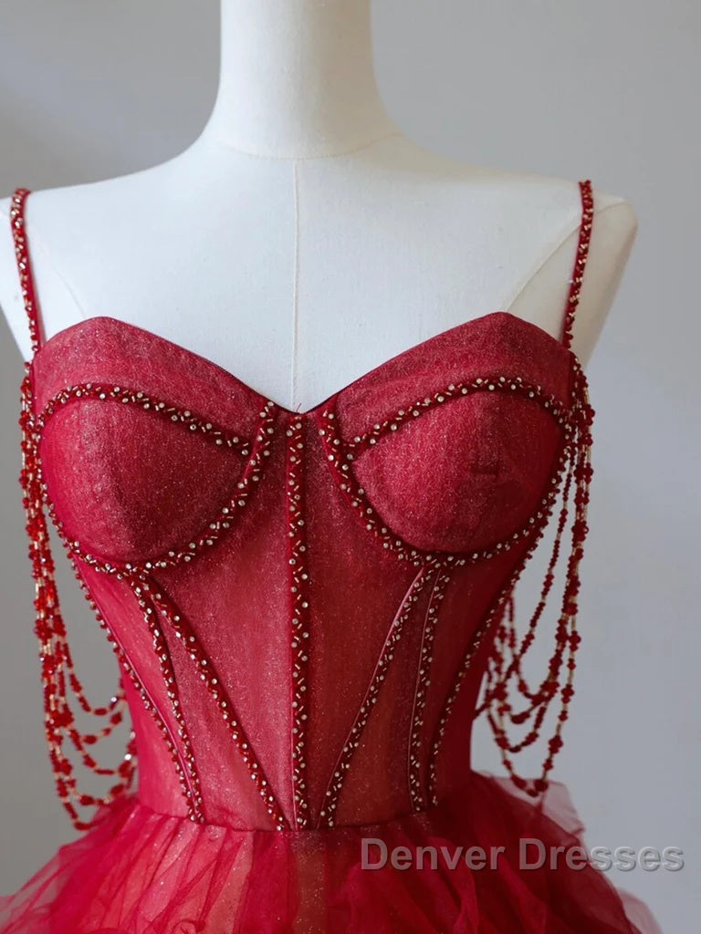 A-Line Sweetheart Neck Tulle Beads Burgundy Long Prom Dress