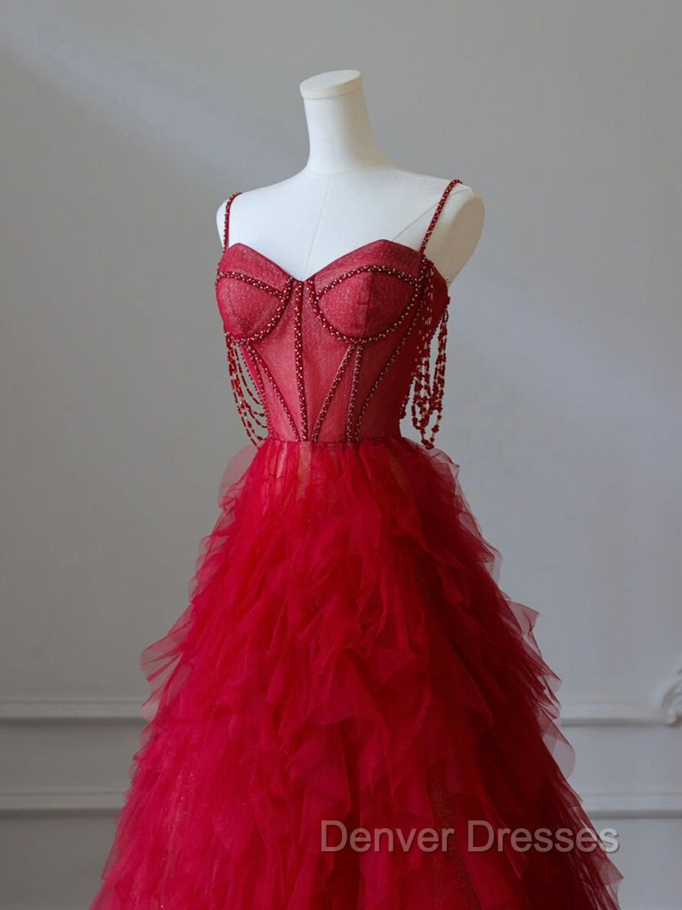 A-Line Sweetheart Neck Tulle Beads Burgundy Long Prom Dress, Burgundy Evening Dress Secondary image