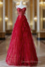 A-Line Sweetheart Neck Tulle Beads Burgundy Long Prom Dress, Burgundy Evening Dress