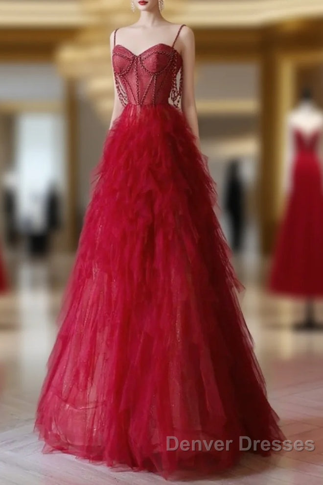 A-Line Sweetheart Neck Tulle Beads Burgundy Long Prom Dress Main image